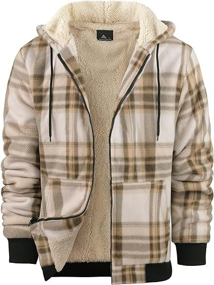 Men's Plaid Print Hooded Zip-Up Jacket Winter Thickened Cotton-padded Coat