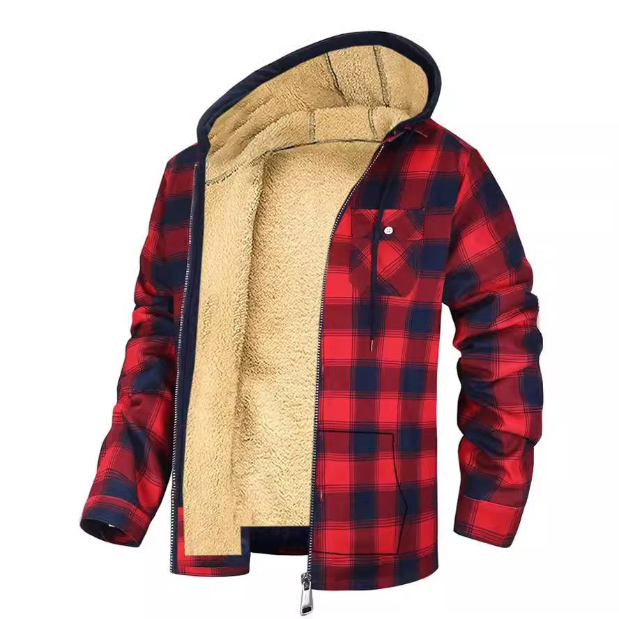 Men's Plaid Print Hooded Zip-Up Jacket Winter Thickened Cotton-padded Coat