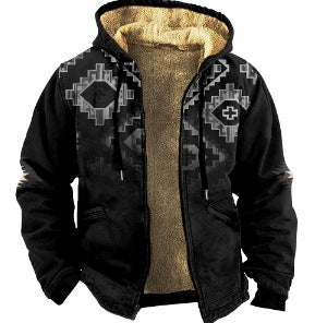 Men's Plaid Print Hooded Zip-Up Jacket Winter Thickened Cotton-padded Coat
