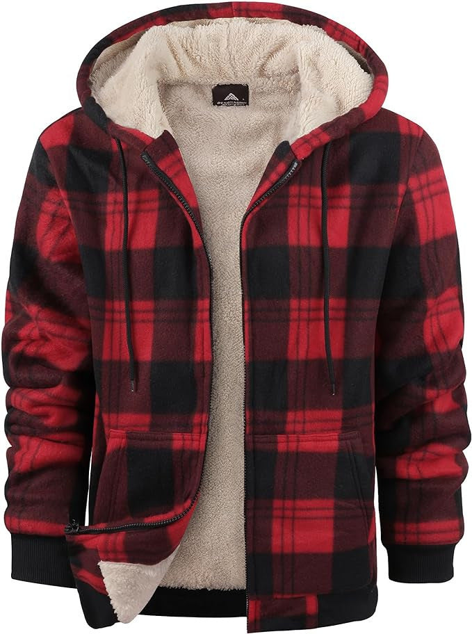 Men's Plaid Print Hooded Zip-Up Jacket Winter Thickened Cotton-padded Coat