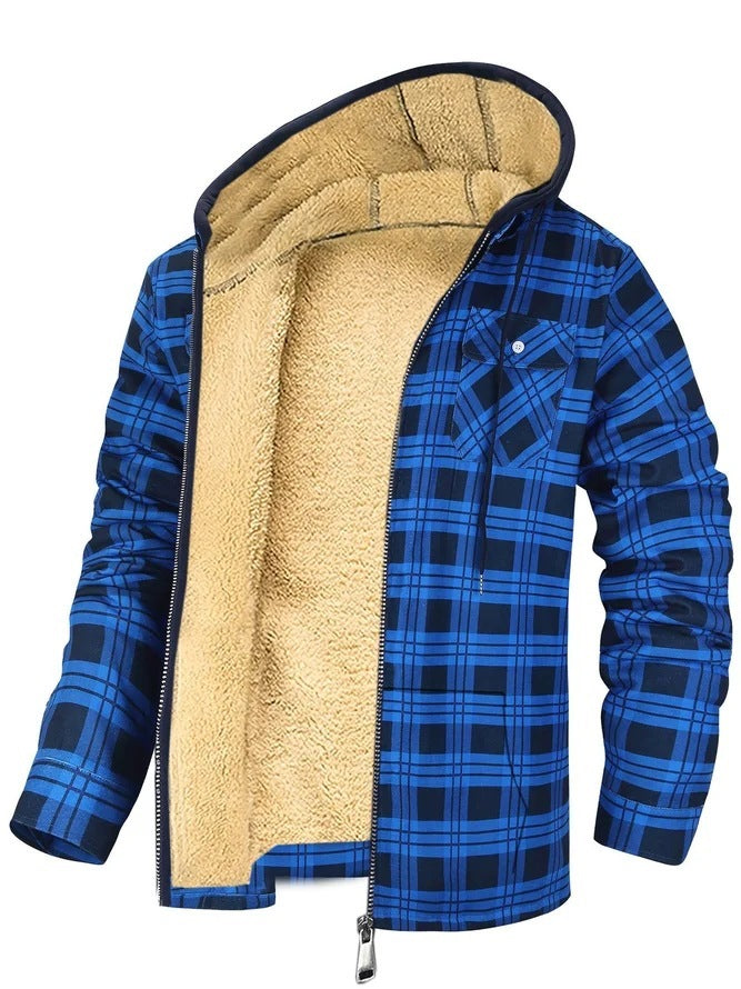 Men's Plaid Print Hooded Zip-Up Jacket Winter Thickened Cotton-padded Coat