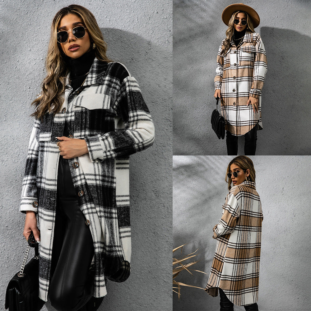 Ladies Rustic Plaid Coarse Wool coat