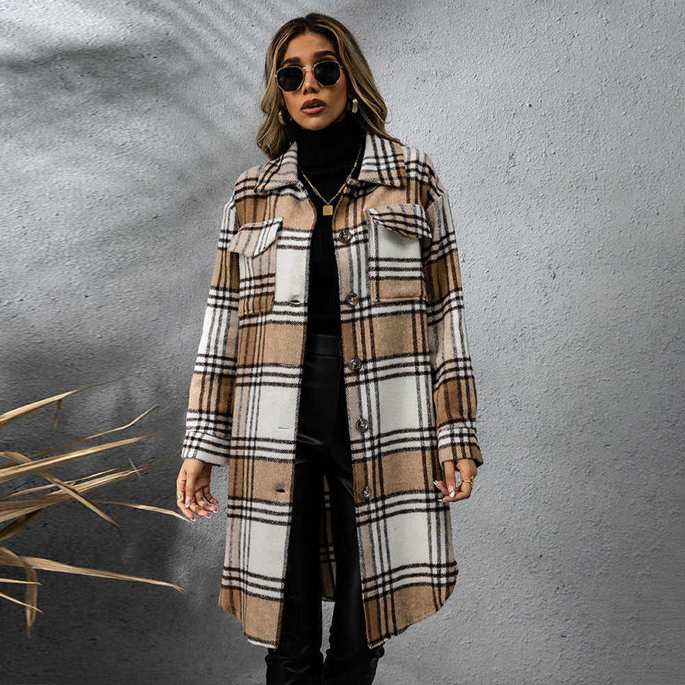 Ladies Rustic Plaid Coarse Wool coat