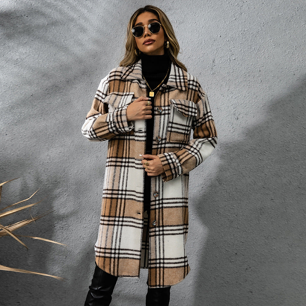 Ladies Rustic Plaid Coarse Wool coat