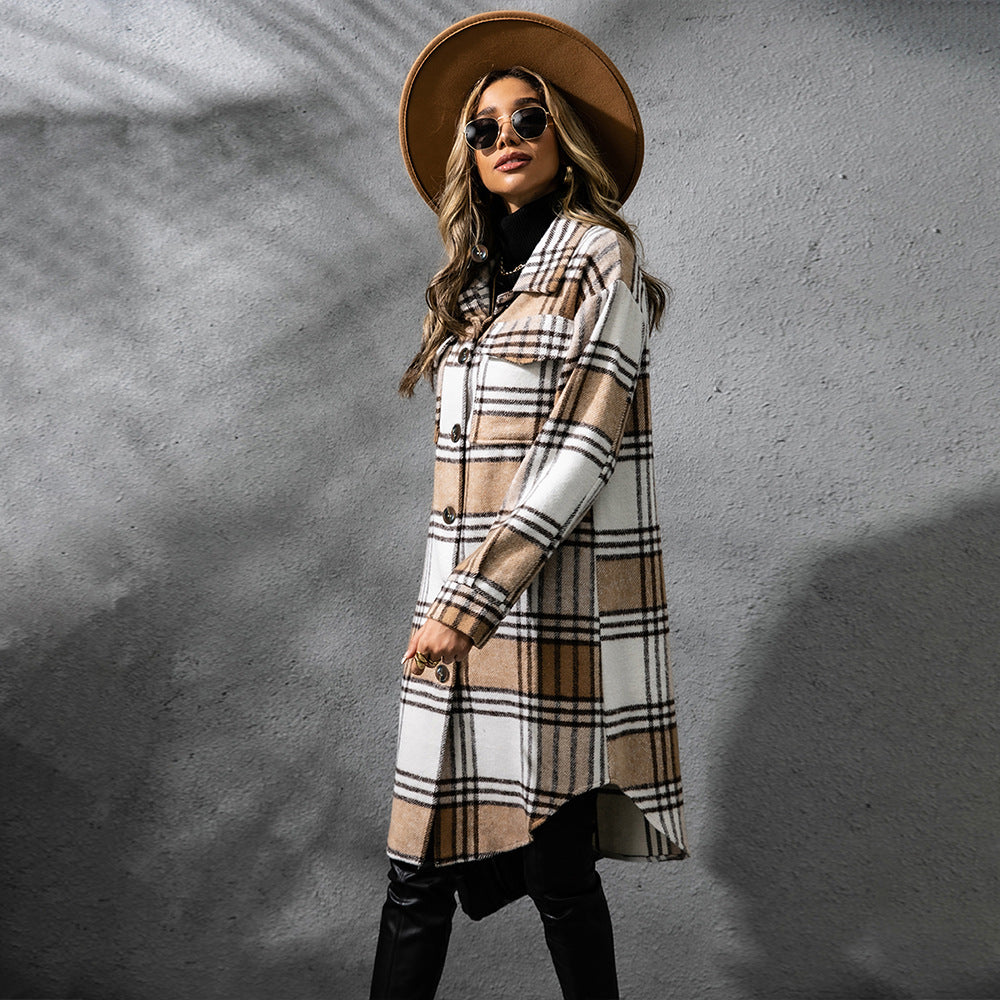 Ladies Rustic Plaid Coarse Wool coat