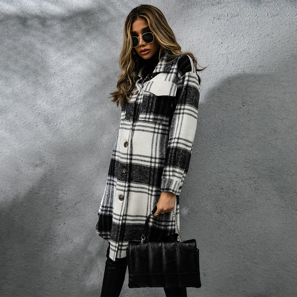 Ladies Rustic Plaid Coarse Wool coat