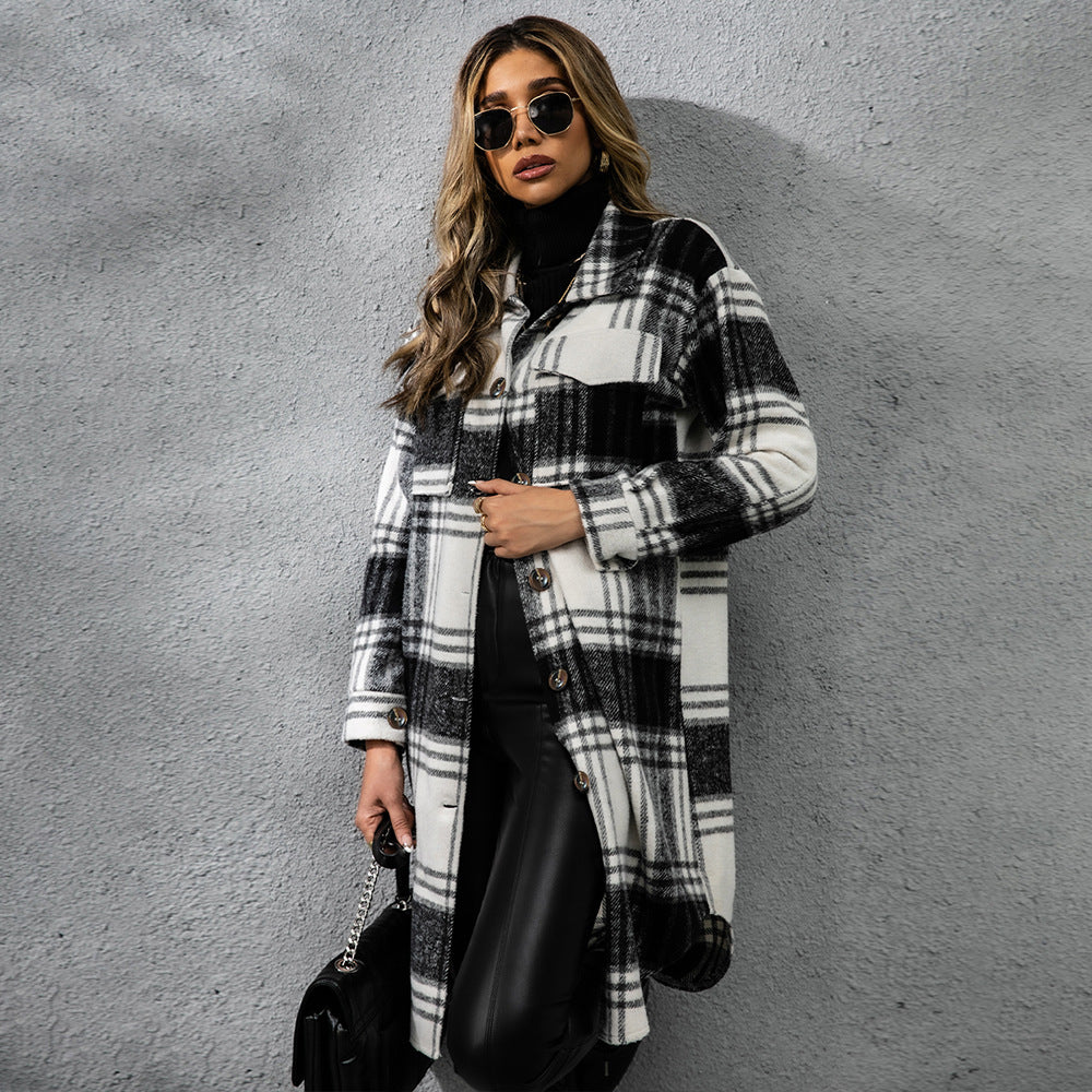 Ladies Rustic Plaid Coarse Wool coat