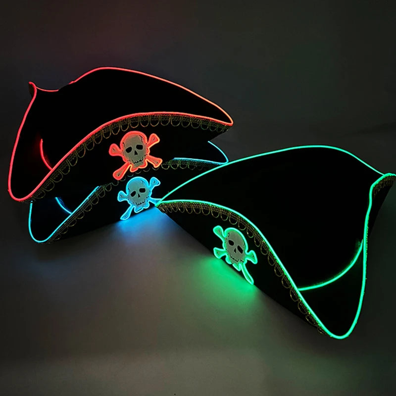 Luminous Felt Pirate Hat with glowing Skull Print Pirate Captain Cap for halloween Party
