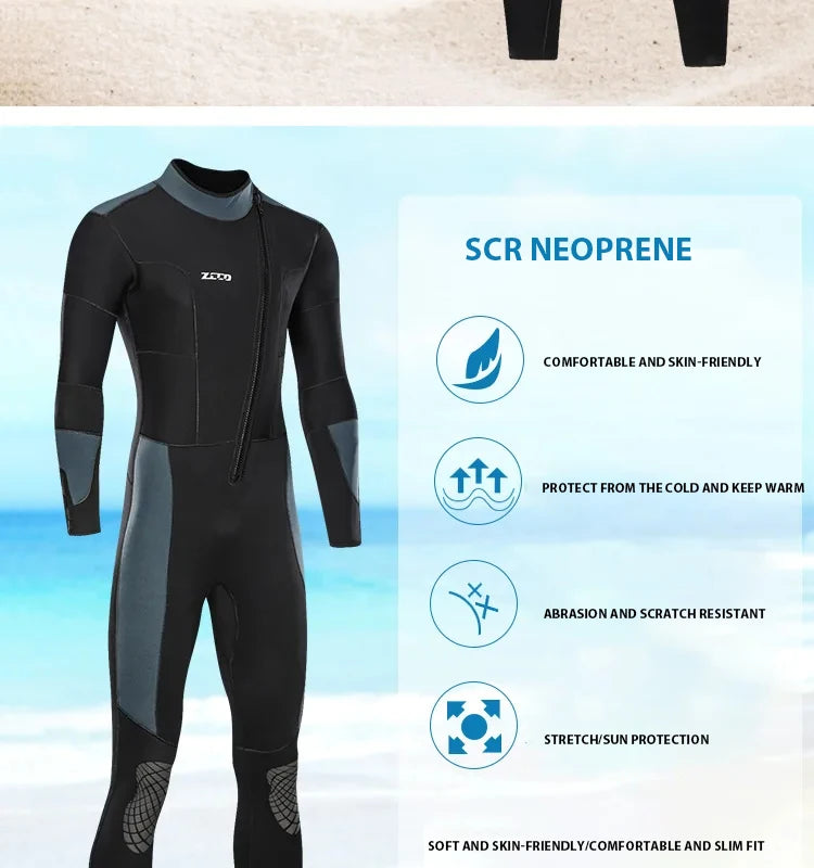 Men's 5mm Neoprene Wetsuit Long-sleeved Diving Suit - Metal Grey/Black