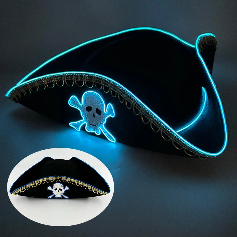 Luminous Felt Pirate Hat with glowing Skull Print Pirate Captain Cap for halloween Party