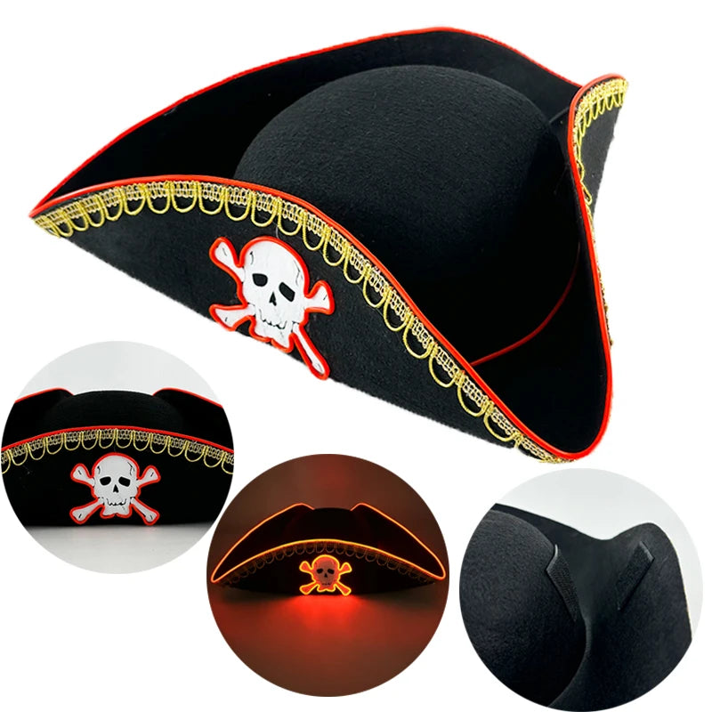 Luminous Felt Pirate Hat with glowing Skull Print Pirate Captain Cap for halloween Party