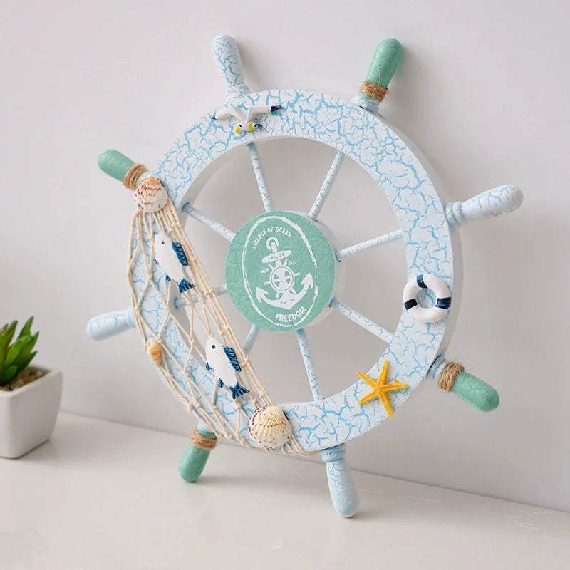Nautical Mediterranean Ship Rudder Decor - Handcrafted Wooden Boat Wheel