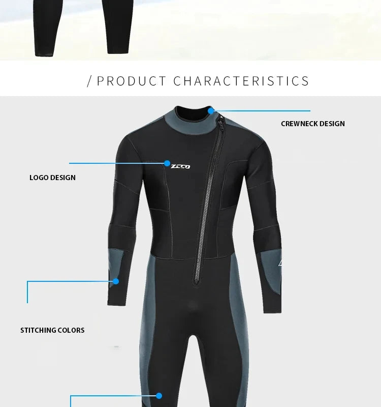 Men's 5mm Neoprene Wetsuit Long-sleeved Diving Suit - Metal Grey/Black