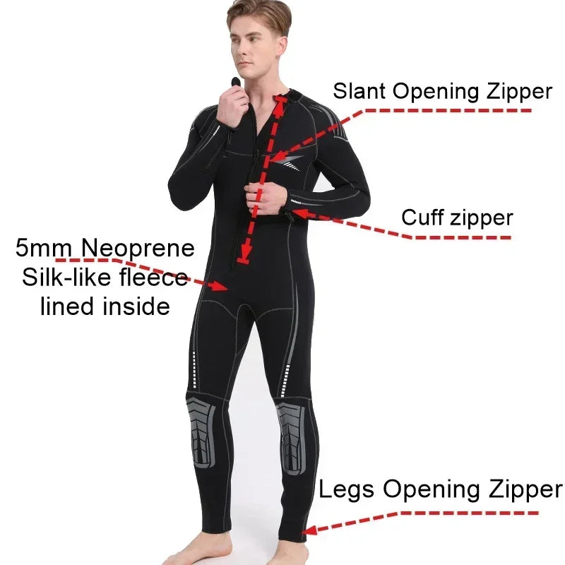 Men's 5MM Wetsuit with Silk-like Fleece Lining - Ideal for Scuba Diving