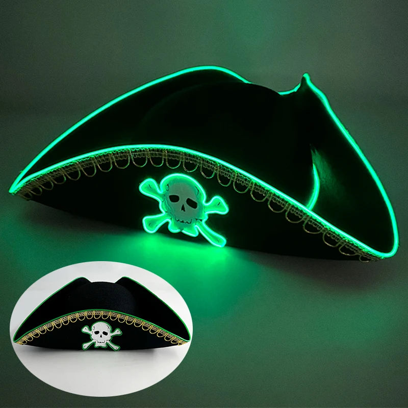 Luminous Felt Pirate Hat with glowing Skull Print Pirate Captain Cap for halloween Party