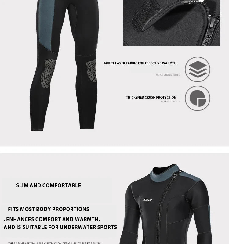 Men's 5mm Neoprene Wetsuit Long-sleeved Diving Suit - Metal Grey/Black
