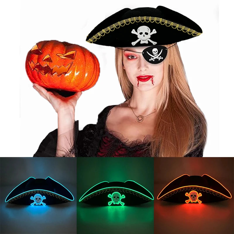 Luminous Felt Pirate Hat with glowing Skull Print Pirate Captain Cap for halloween Party