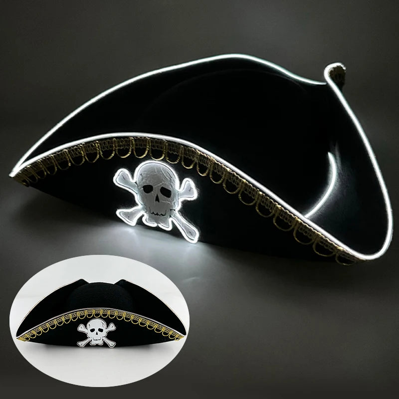 Luminous Felt Pirate Hat with glowing Skull Print Pirate Captain Cap for halloween Party