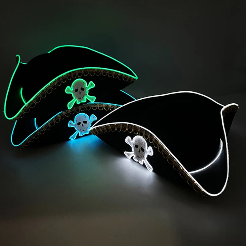 Luminous Felt Pirate Hat with glowing Skull Print Pirate Captain Cap for halloween Party