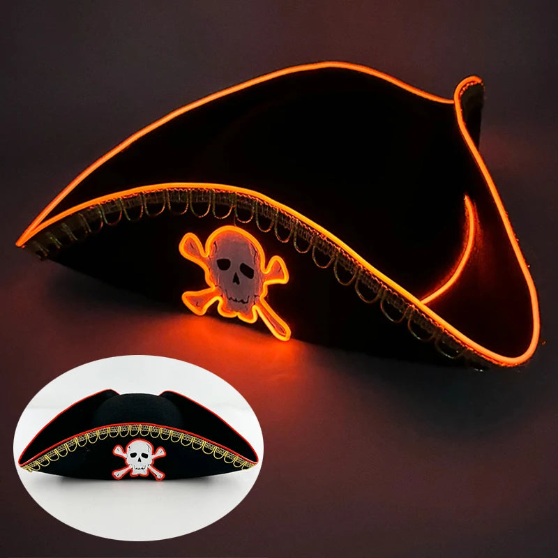 Luminous Felt Pirate Hat with glowing Skull Print Pirate Captain Cap for halloween Party