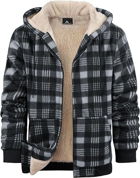Men's Plaid Print Hooded Zip-Up Jacket Winter Thickened Cotton-padded Coat