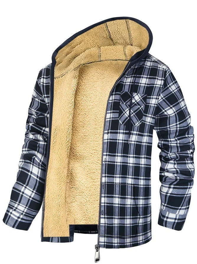 Men's Plaid Print Hooded Zip-Up Jacket Winter Thickened Cotton-padded Coat