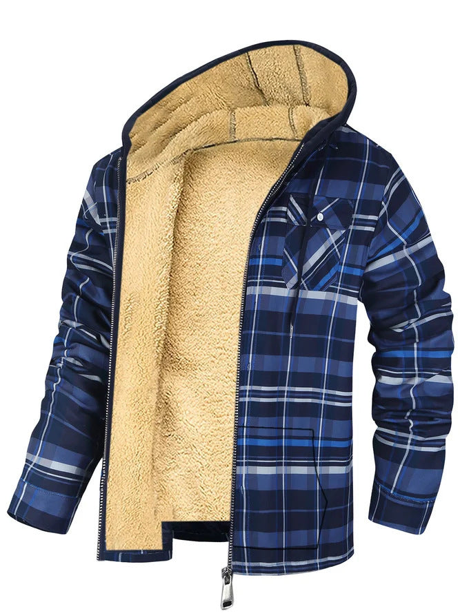 Men's Plaid Print Hooded Zip-Up Jacket Winter Thickened Cotton-padded Coat