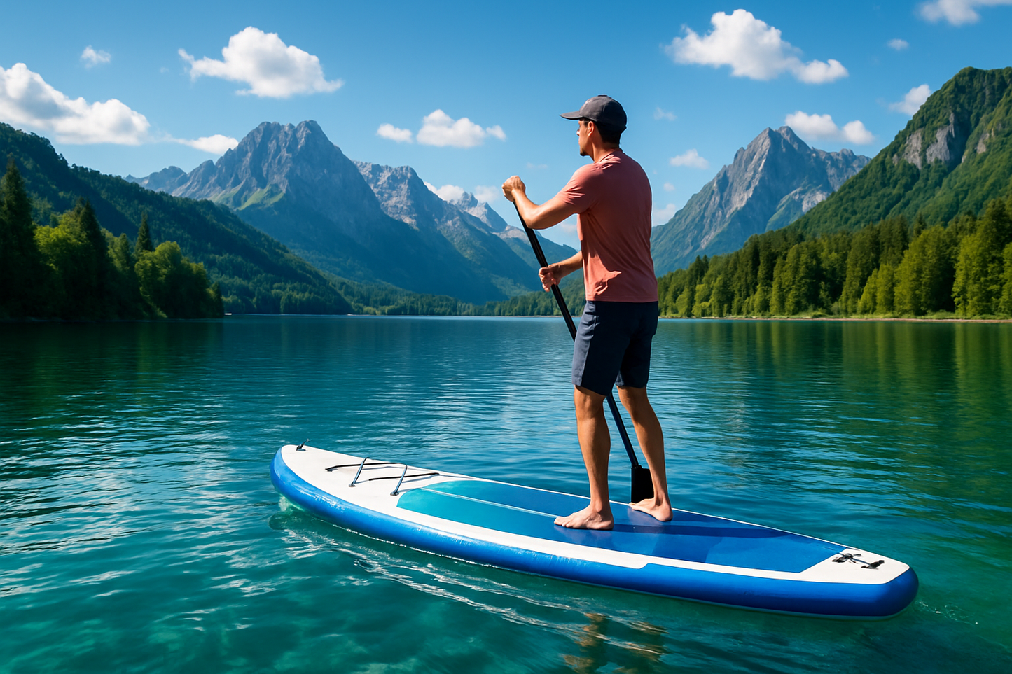 Inflatable paddle board in use on a lake with mountains