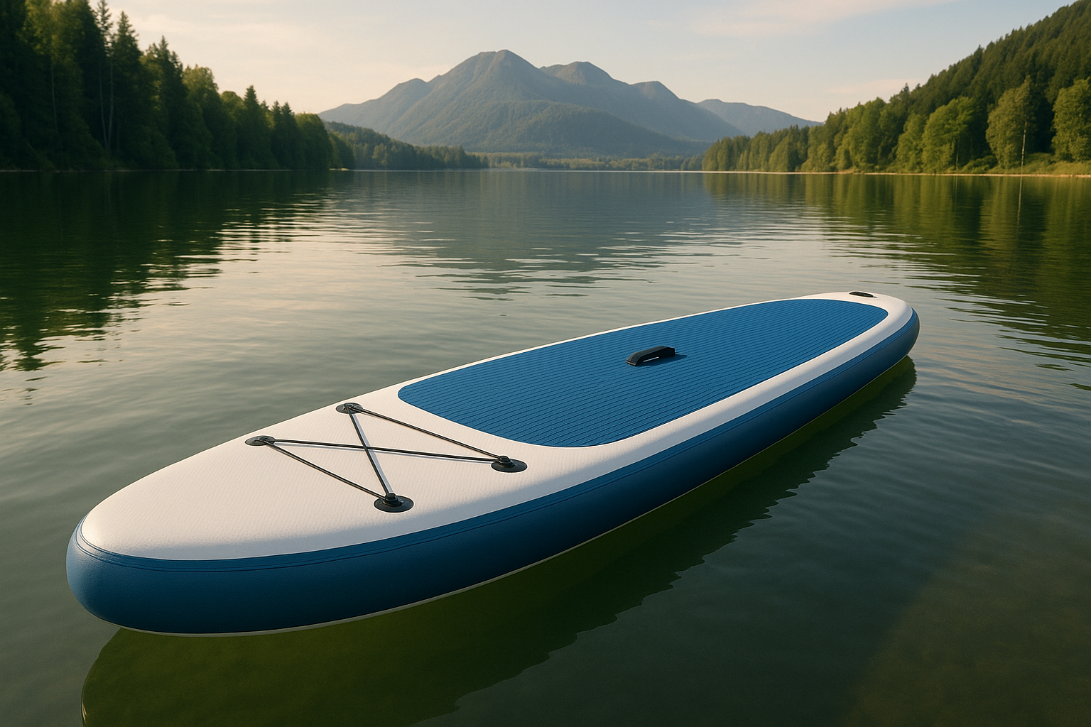Large inflatable paddleboard on calm water with mountains in background