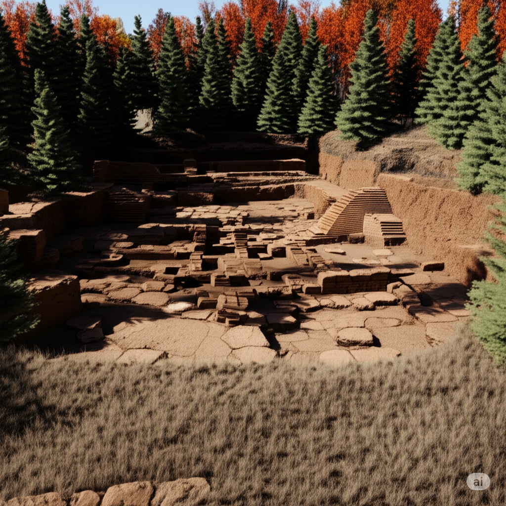 Ancient stone ruins in a forest with evergreen trees, autumn colors, Canadian history theme