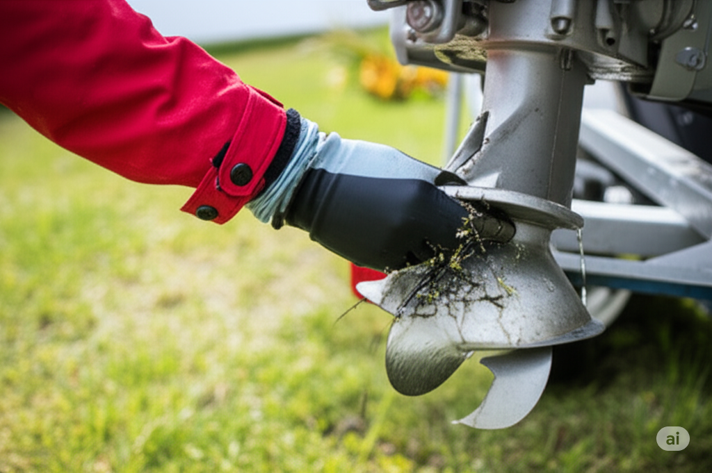 Hand in glove cleaning grass from boat motor propeller outdoors, The Snarky Pirate