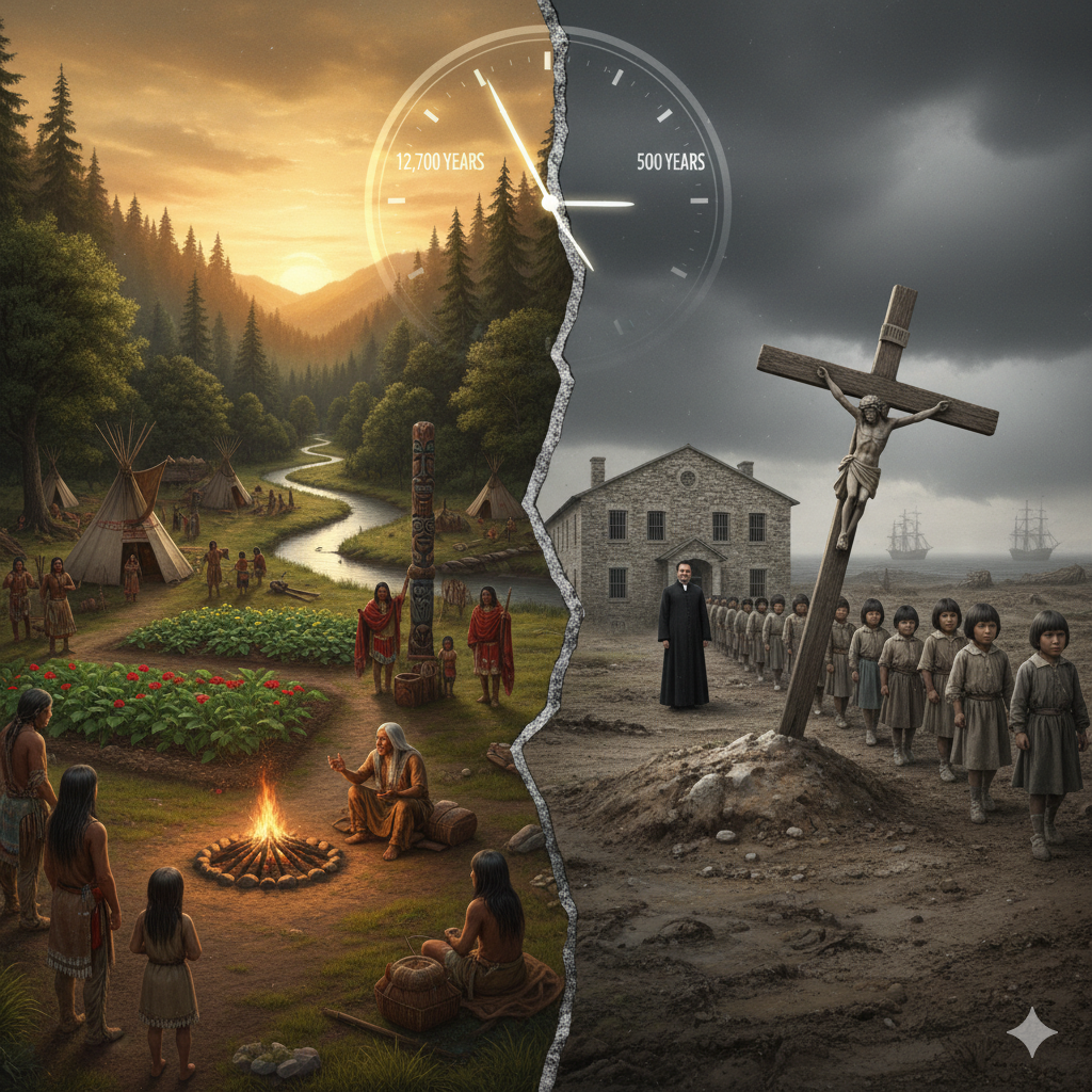 Indigenous village with teepees and totem pole on left, residential school and children on right, symbolizing Canadian history and Indigenous rights.