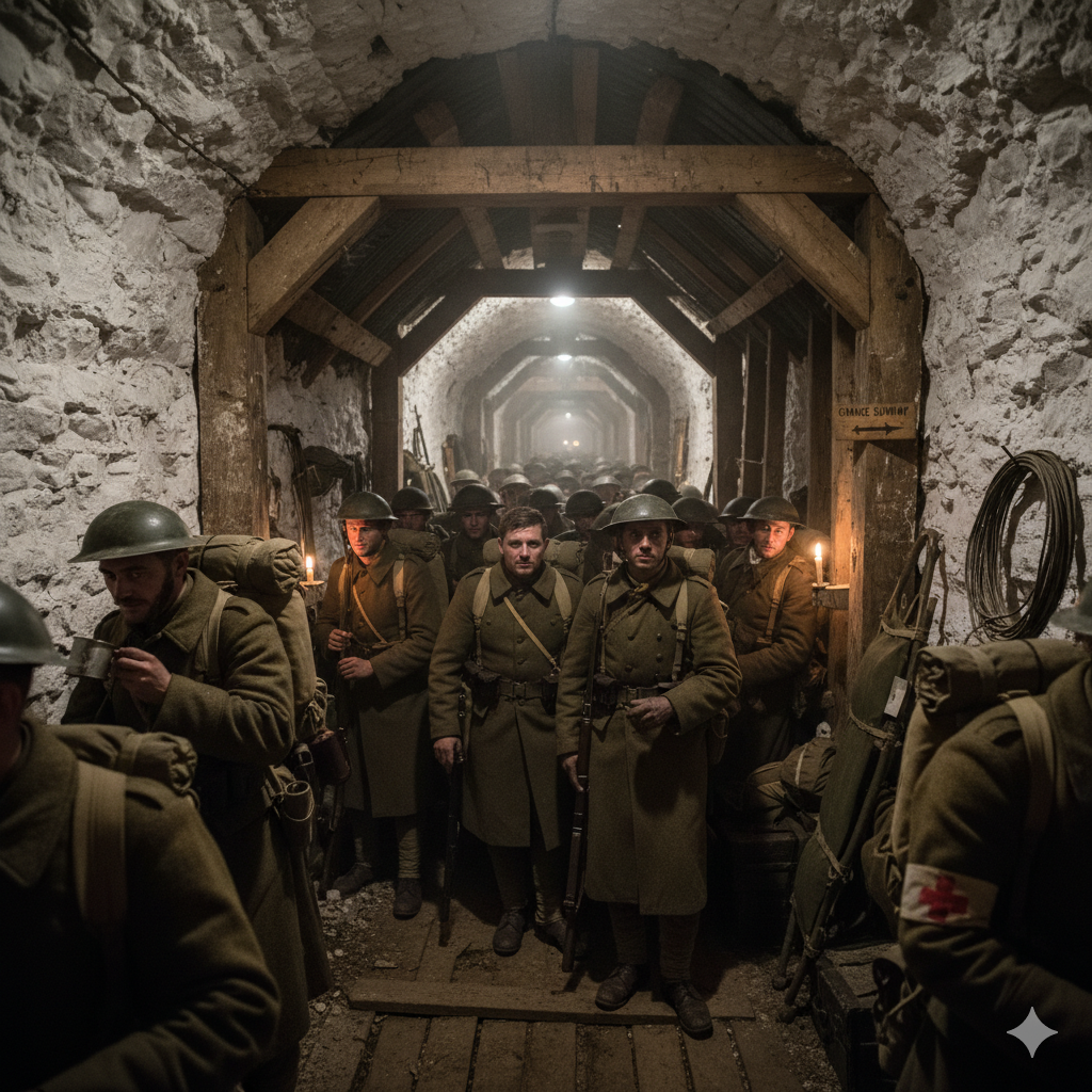 Canadian soldiers in historical military uniforms stand in a stone tunnel, evoking Canadian history and heritage.