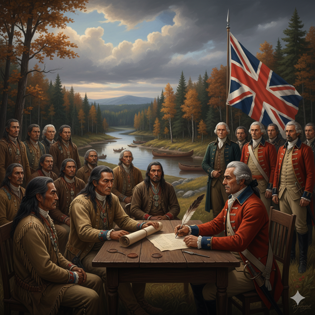 Historical scene of Indigenous leaders and British officers signing treaty by river, autumn forest, British flag, Canadian history