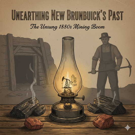 Vintage mining scene illustration with miner, coal, oil lamp, and text about New Brunswick's 1880s mining boom