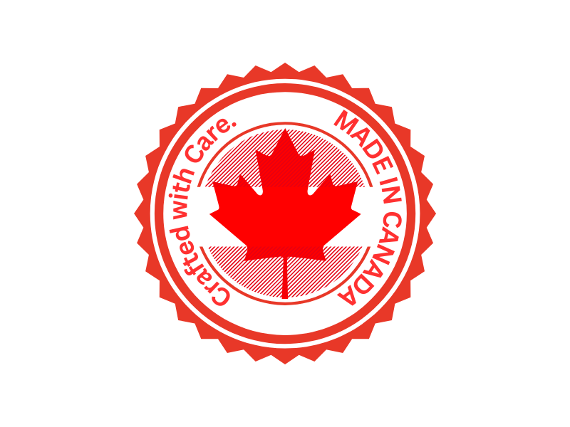 Red badge with maple leaf, text Crafted with Care, Made in Canada, Snarky Pirate quality seal