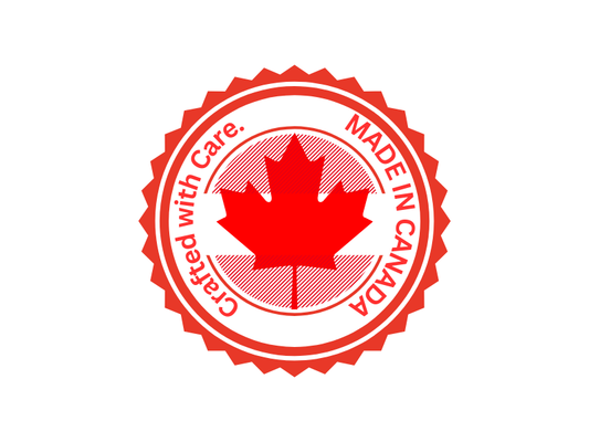 Red badge with maple leaf, text Crafted with Care, Made in Canada, Snarky Pirate quality seal