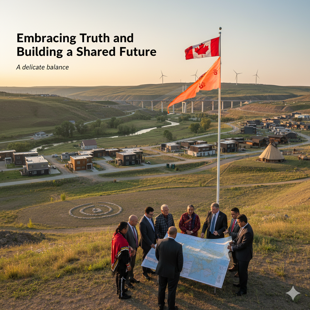 Group of people standing by Canadian flag on hill, viewing map, with Indigenous settlement and wind turbines in background, symbolizing Canadian history and unity.