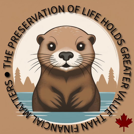 Illustrated otter in water with trees, slogan about valuing life, and a red maple leaf symbol.