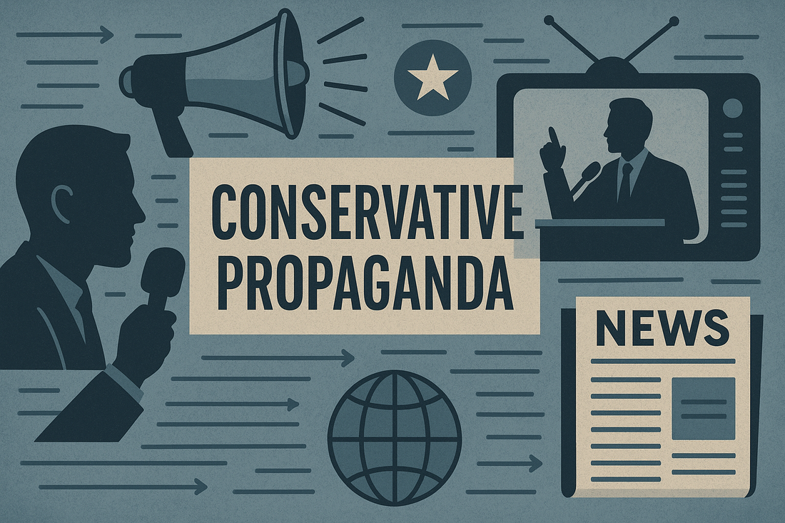 Illustration of news, television, and megaphone with 'conservative propaganda' text, media theme.