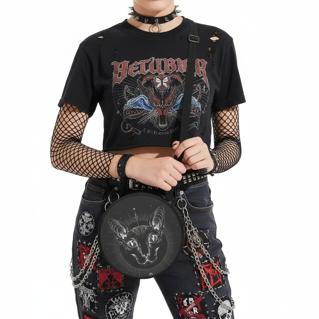 Black Cat Magic Round Satchel Bag.