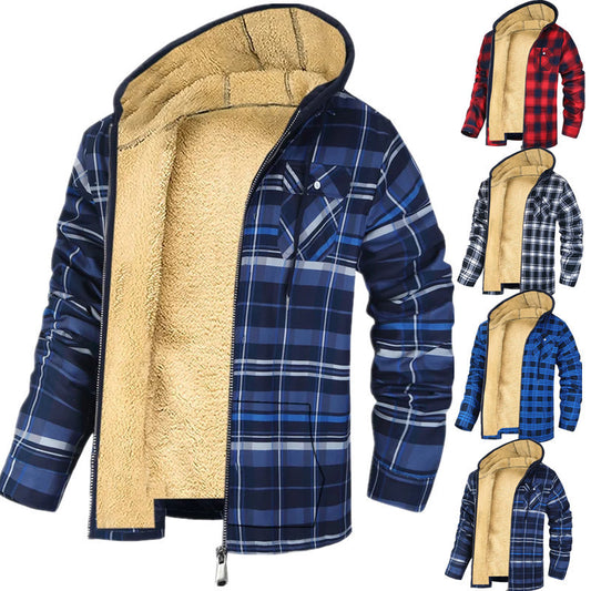 Men's Plaid Print Hooded Zip-Up Jacket Winter Thickened Cotton-padded Coat
