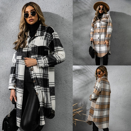 Ladies Rustic Plaid Coarse Wool coat