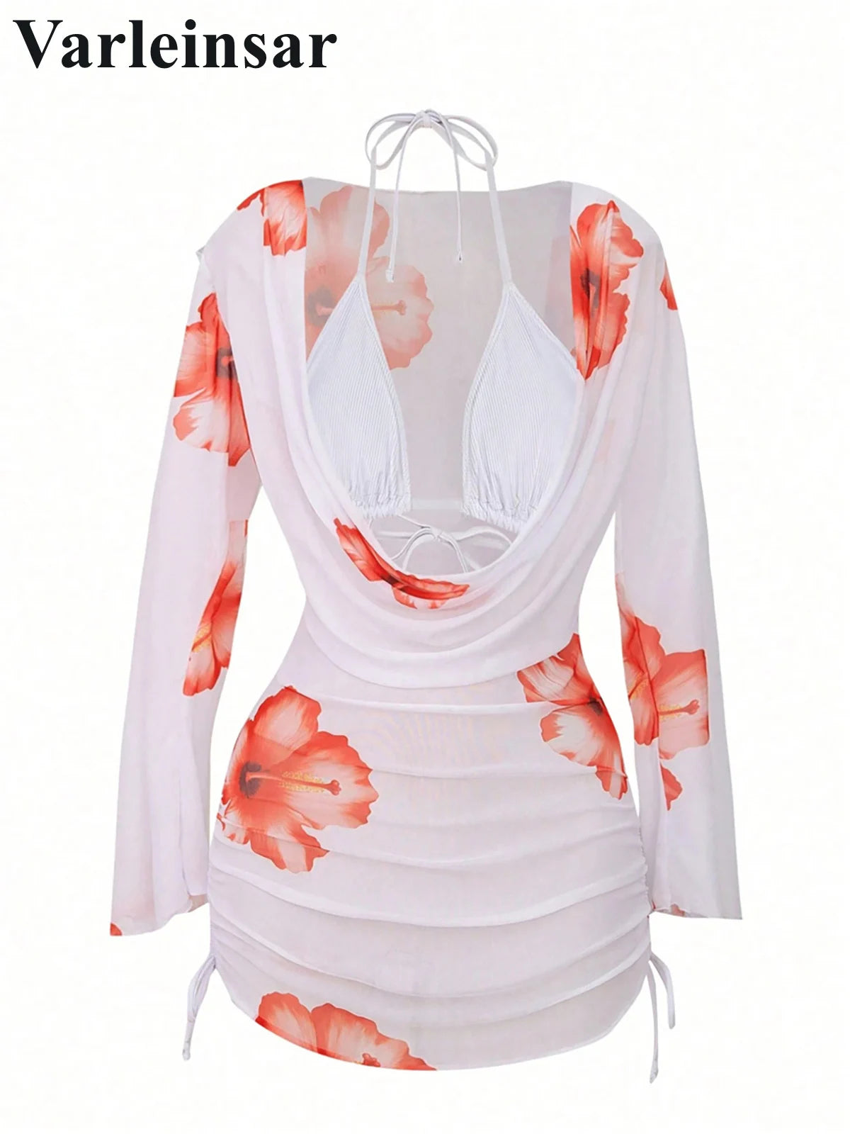 White Floral Bikini Set With Cover Up