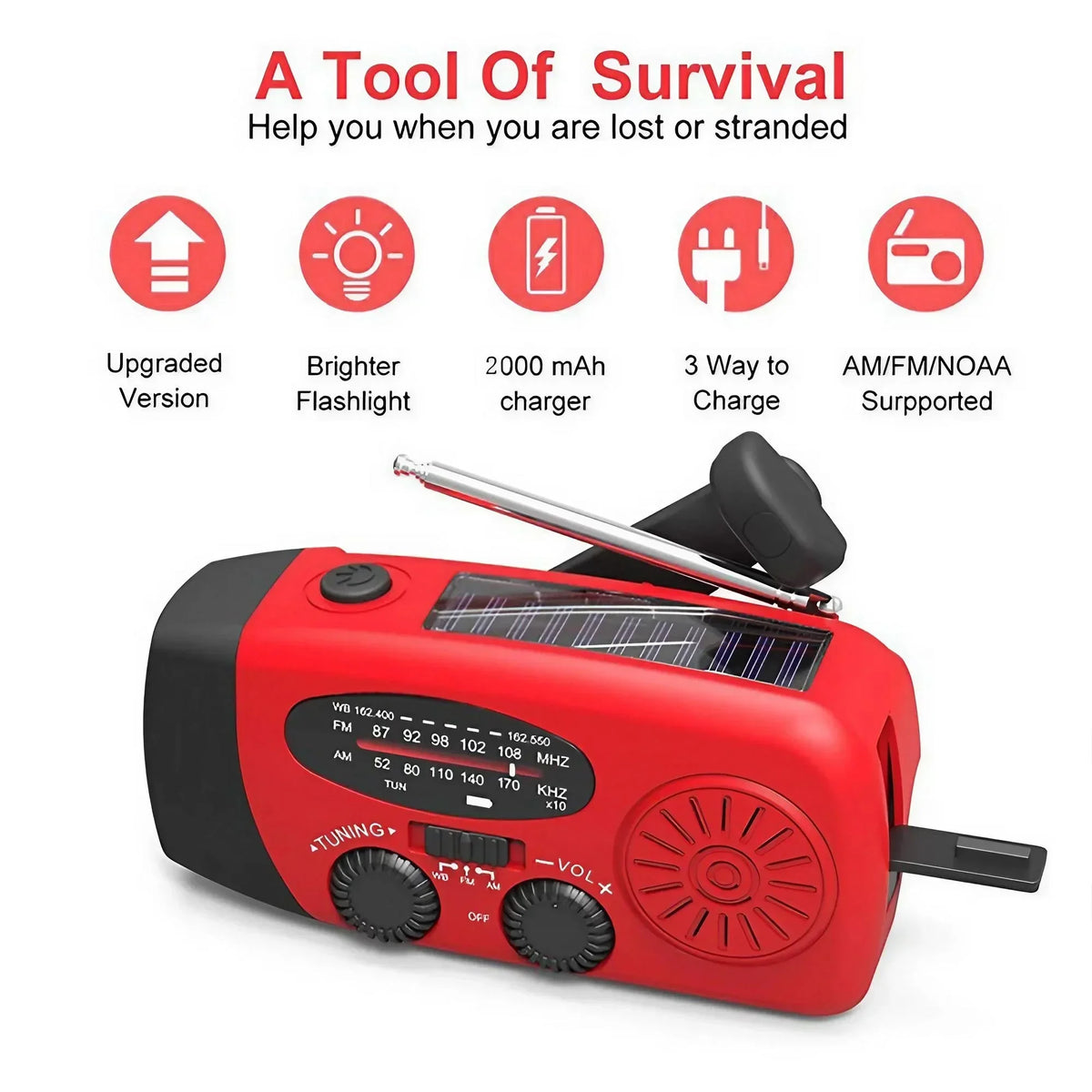 STONEGO Multifunctional Emergency FM/AM Radio – Solar, Hand-Crank, Phone Charger & Flashlight