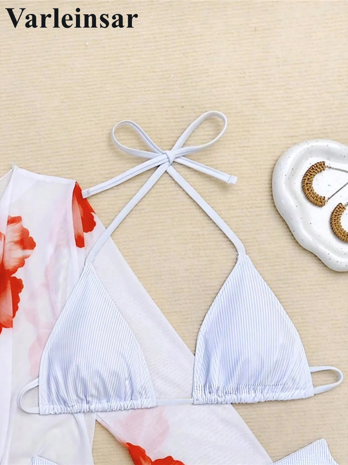 White Floral Bikini Set With Cover Up