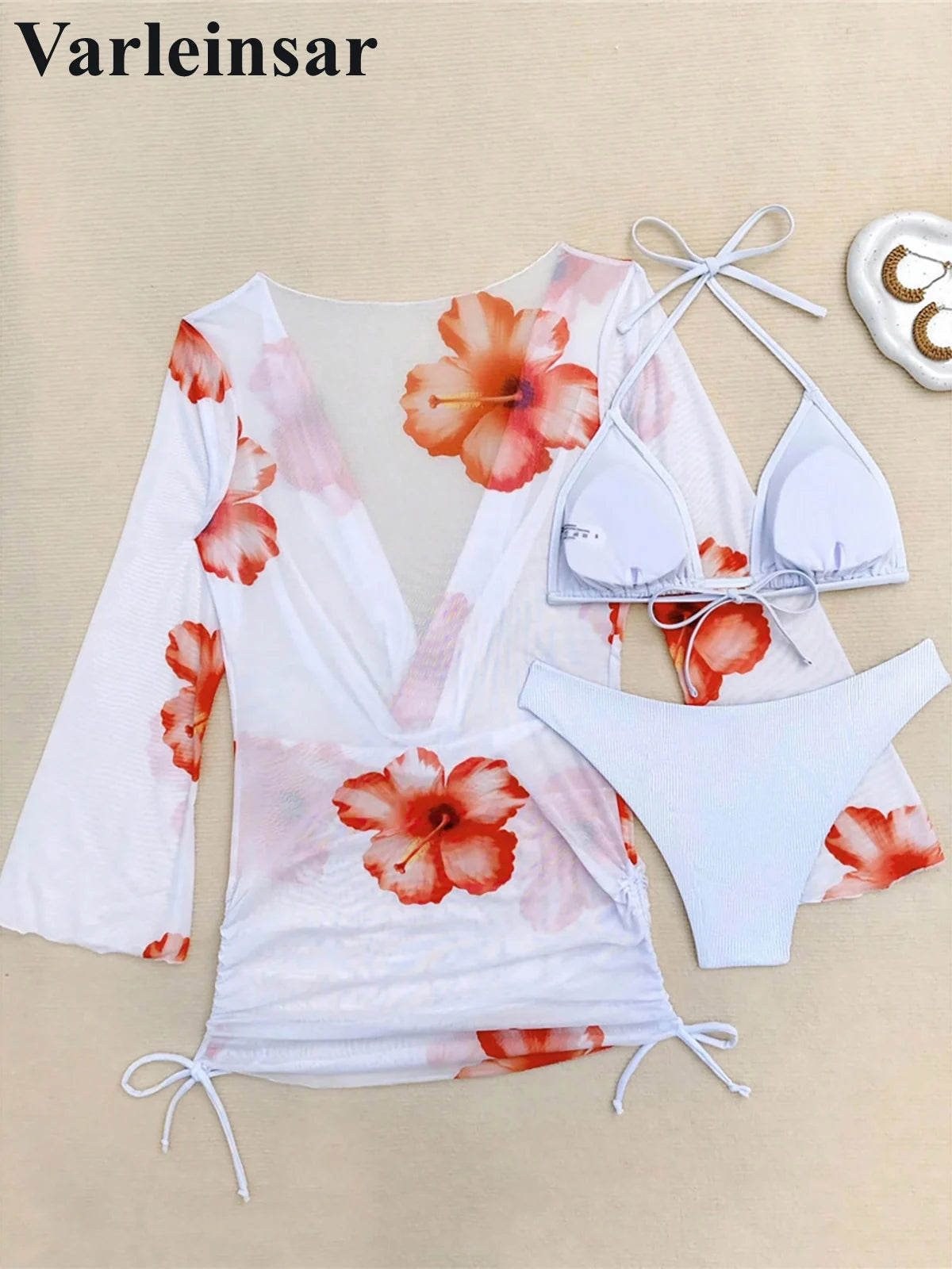 White Floral Bikini Set With Cover Up