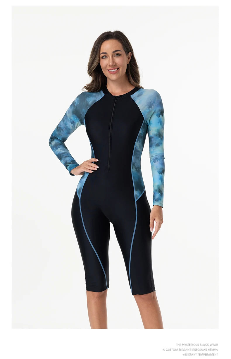 Women's Long Sleeve One-Piece Swimsuit – Patchwork Camouflage Surfing Suit