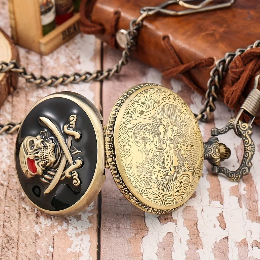 Skull Pirate Pocket Watch - Quartz Halloween Accessory.