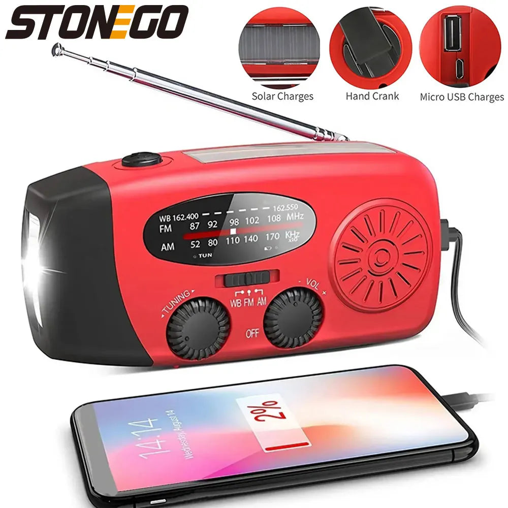 STONEGO Multifunctional Emergency FM/AM Radio – Solar, Hand-Crank, Phone Charger & Flashlight